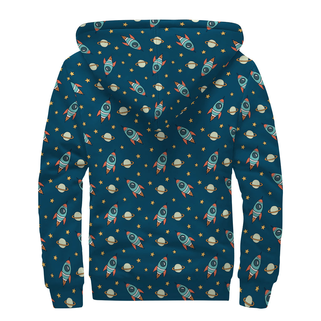 Doodle Rocket Pattern Print Sherpa Lined Zip Up Hoodie