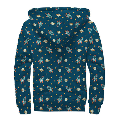 Doodle Rocket Pattern Print Sherpa Lined Zip Up Hoodie