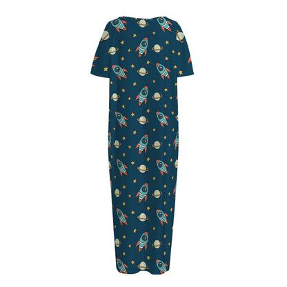 Doodle Rocket Pattern Print Short Sleeve Long Nightdress