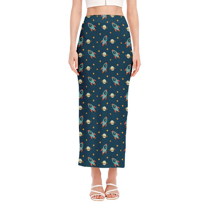 Doodle Rocket Pattern Print Side Slit Maxi Skirt