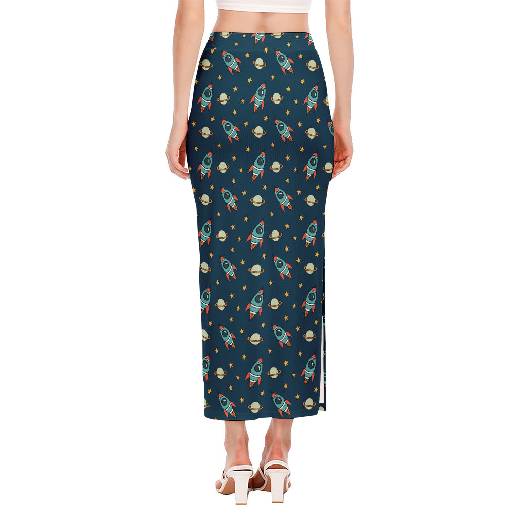 Doodle Rocket Pattern Print Side Slit Maxi Skirt
