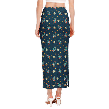 Doodle Rocket Pattern Print Side Slit Maxi Skirt