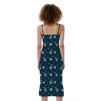 Doodle Rocket Pattern Print Slim Fit Midi Cami Dress