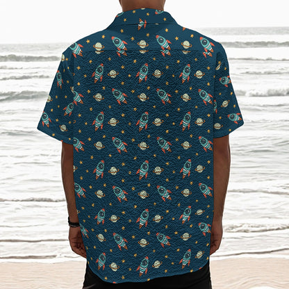 Doodle Rocket Pattern Print Textured Short Sleeve Shirt
