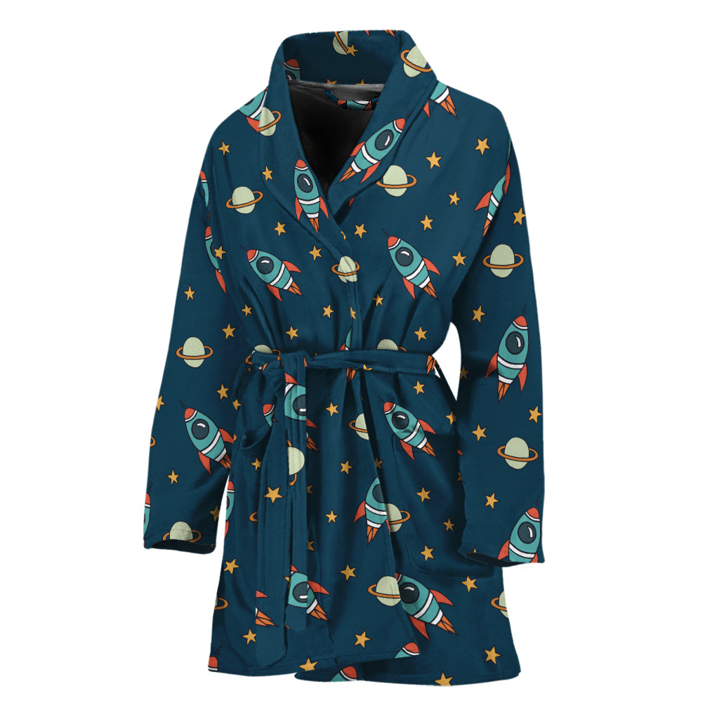 Doodle Rocket Pattern Print Women's Bathrobe