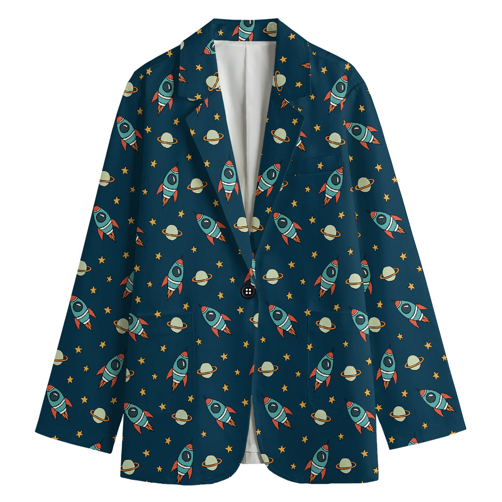 Doodle Rocket Pattern Print Women's Cotton Blazer