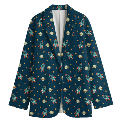 Doodle Rocket Pattern Print Women's Cotton Blazer