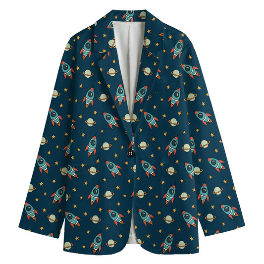 Doodle Rocket Pattern Print Women's Cotton Blazer