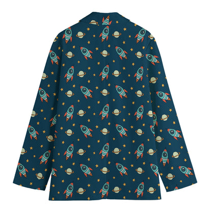 Doodle Rocket Pattern Print Women's Cotton Blazer