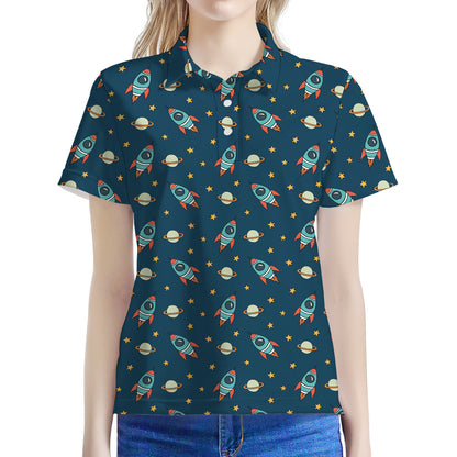 Doodle Rocket Pattern Print Women's Polo Shirt