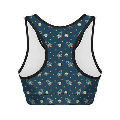 Doodle Rocket Pattern Print Women's Sports Bra