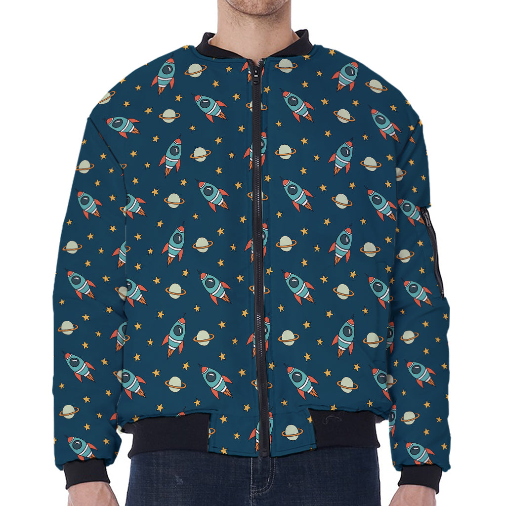 Doodle Rocket Pattern Print Zip Sleeve Bomber Jacket