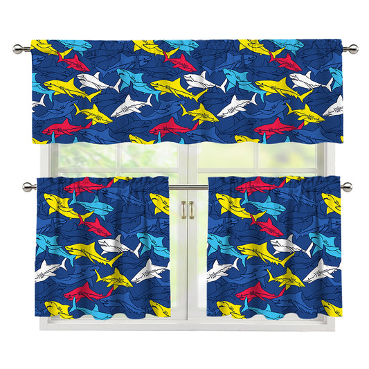 Doodle Shark Pattern Print 3 Piece Kitchen Curtains