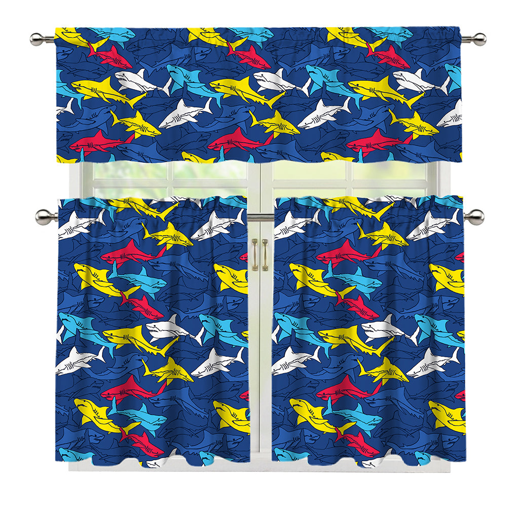 Doodle Shark Pattern Print 3 Piece Kitchen Curtains