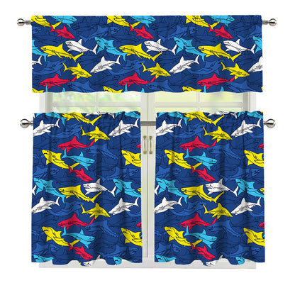 Doodle Shark Pattern Print 3 Piece Kitchen Curtains