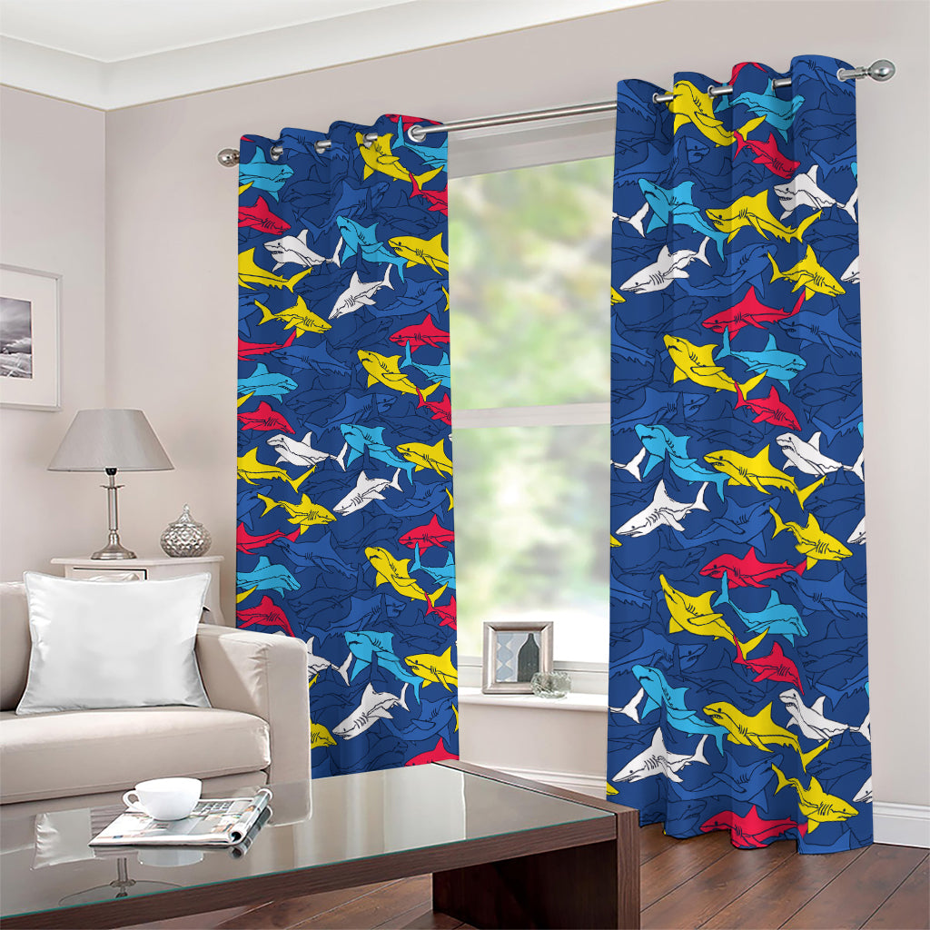 Doodle Shark Pattern Print Blackout Grommet Curtains