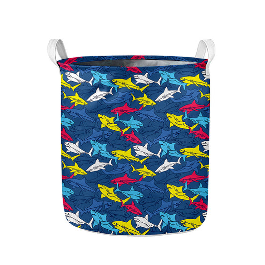 Doodle Shark Pattern Print Collapsible Laundry Basket