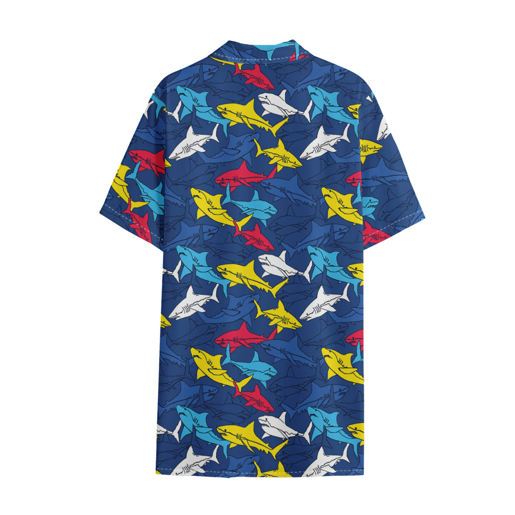 Doodle Shark Pattern Print Cotton Hawaiian Shirt