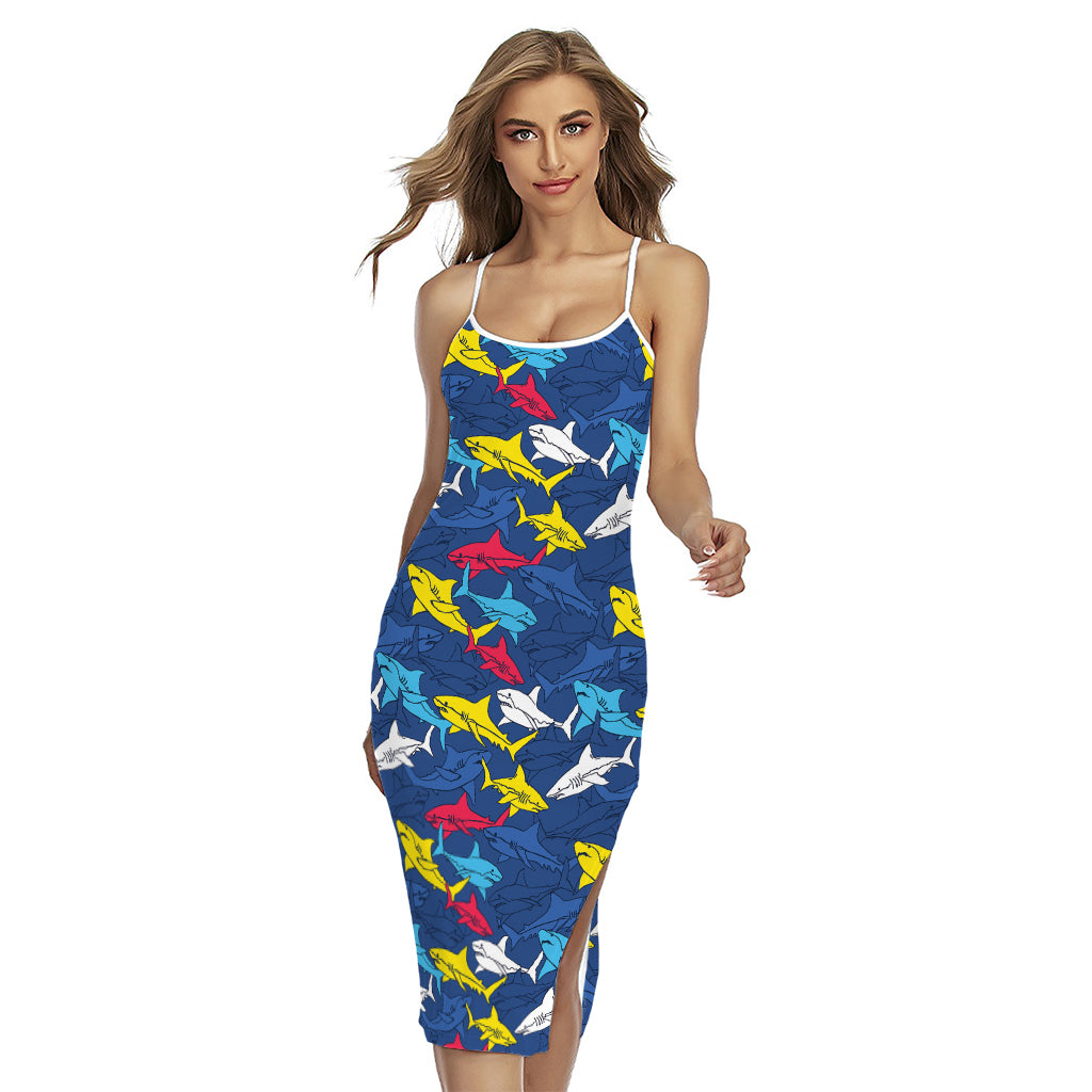 Doodle Shark Pattern Print Cross Back Cami Dress