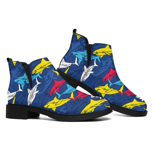 Doodle Shark Pattern Print Flat Ankle Boots