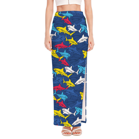 Doodle Shark Pattern Print High Slit Maxi Skirt