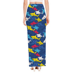 Doodle Shark Pattern Print High Slit Maxi Skirt