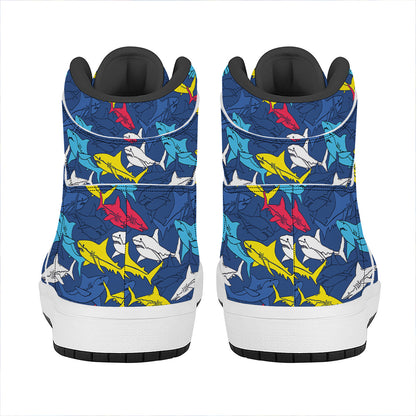 Doodle Shark Pattern Print High Top Leather Sneakers