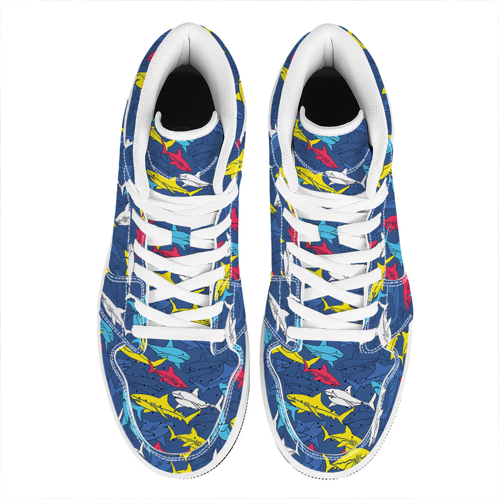 Doodle Shark Pattern Print High Top Leather Sneakers