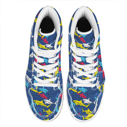 Doodle Shark Pattern Print High Top Leather Sneakers