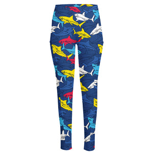 Doodle Shark Pattern Print High-Waisted Pocket Leggings