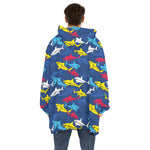 Doodle Shark Pattern Print Hoodie Blanket