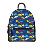 Doodle Shark Pattern Print Leather Backpack