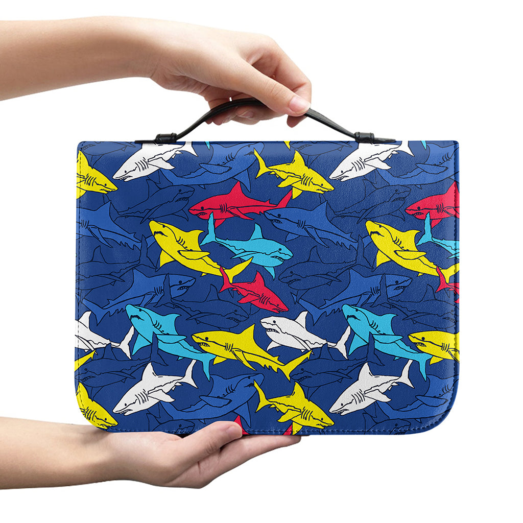 Doodle Shark Pattern Print Leather Bible Cover