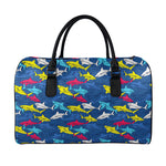 Doodle Shark Pattern Print Leather Duffle Bag