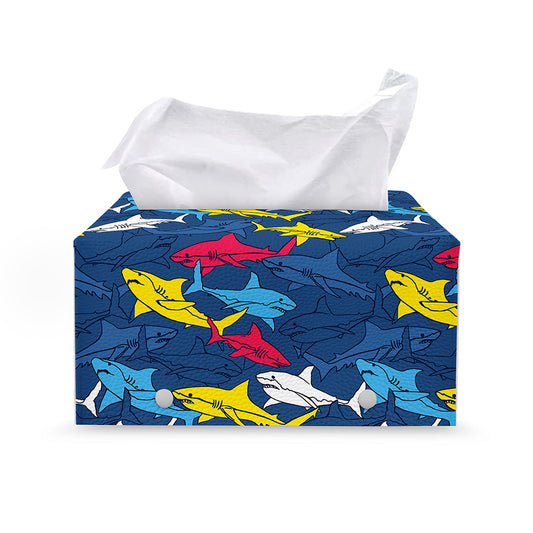 Doodle Shark Pattern Print Leather Tissue Box Cover