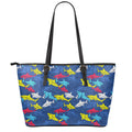Doodle Shark Pattern Print Leather Tote Bag With Zipper