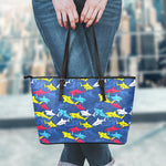 Doodle Shark Pattern Print Leather Tote Bag