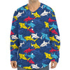 Doodle Shark Pattern Print Long Sleeve Baseball Jersey