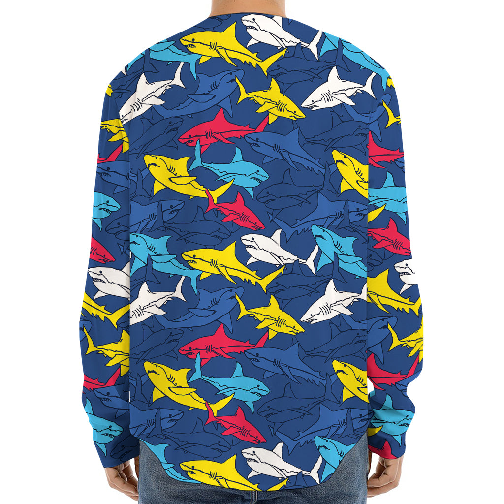 Doodle Shark Pattern Print Long Sleeve Baseball Jersey