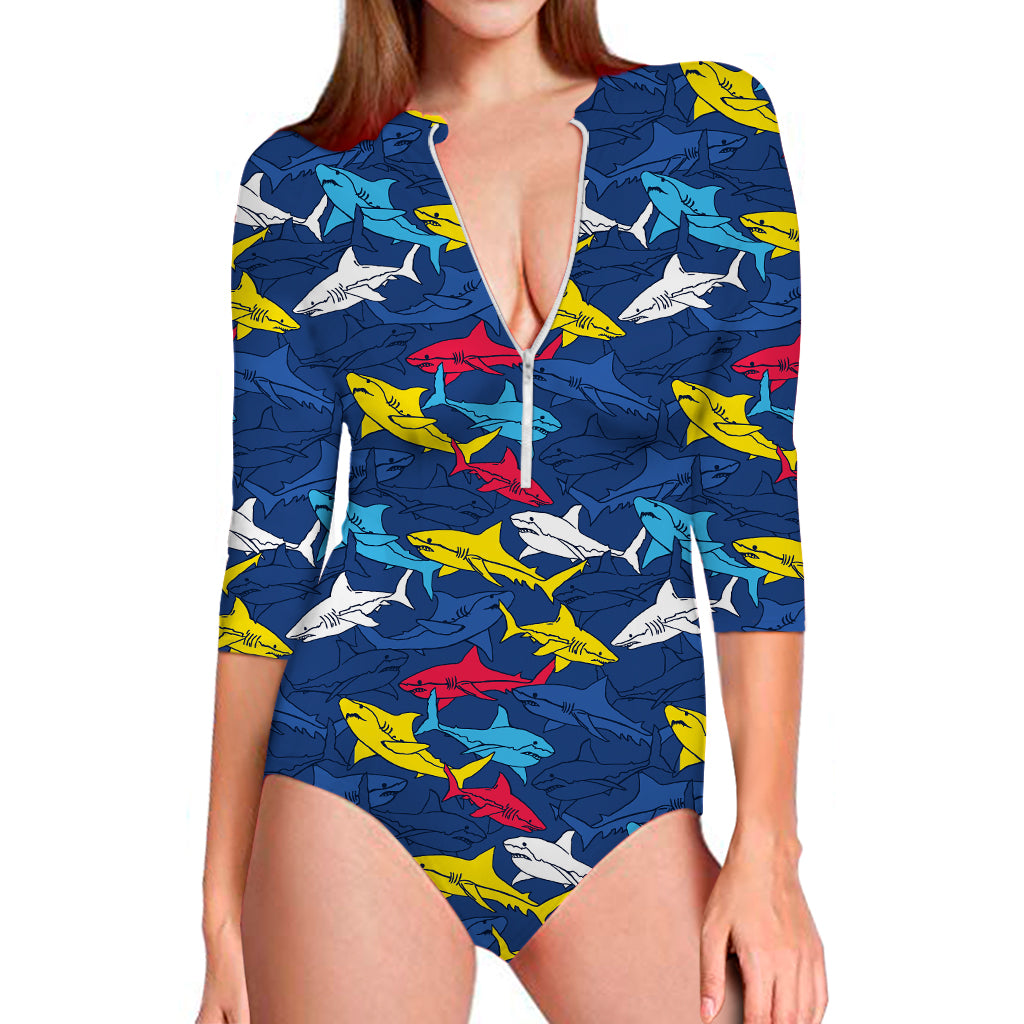 Doodle Shark Pattern Print Long Sleeve Swimsuit