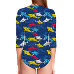 Doodle Shark Pattern Print Long Sleeve Swimsuit