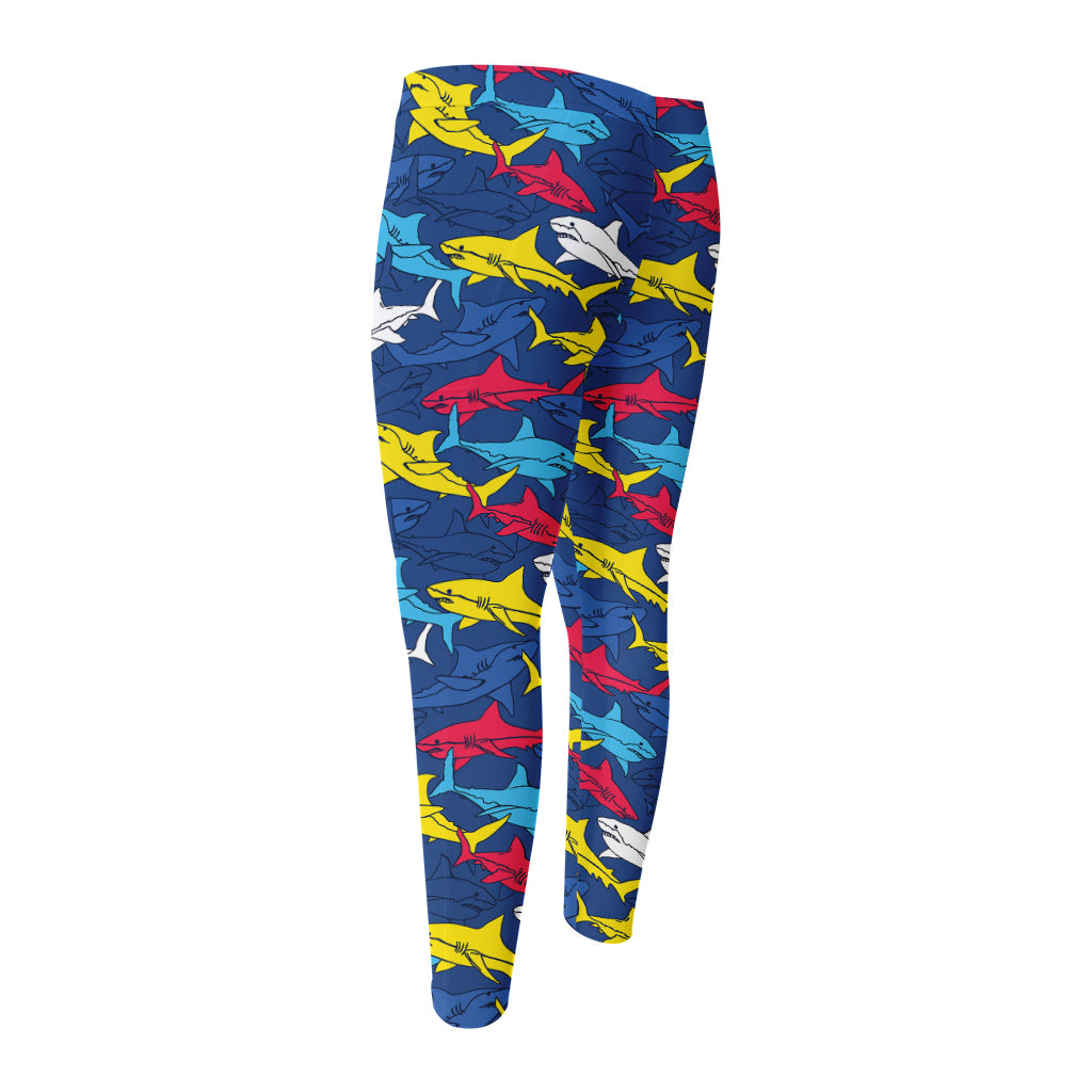 Doodle Shark Pattern Print Men's Compression Pants