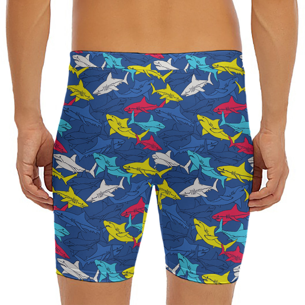 Doodle Shark Pattern Print Men's Long Boxer Briefs