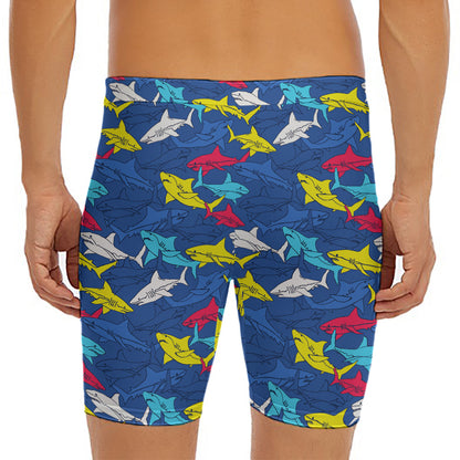 Doodle Shark Pattern Print Men's Long Boxer Briefs