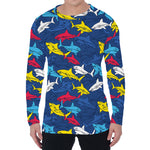 Doodle Shark Pattern Print Men's Long Sleeve T-Shirt