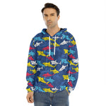 Doodle Shark Pattern Print Men's Velvet Pullover Hoodie