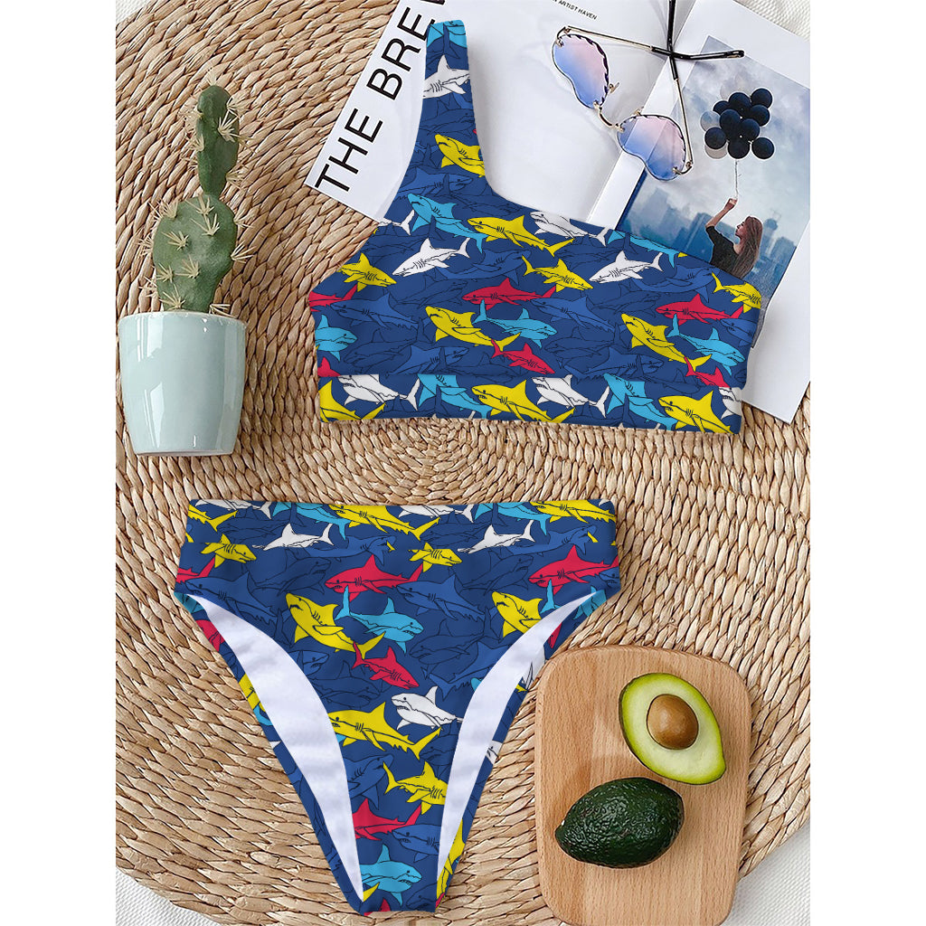 Doodle Shark Pattern Print One Shoulder Bikini Top