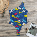 Doodle Shark Pattern Print One Shoulder Bodysuit