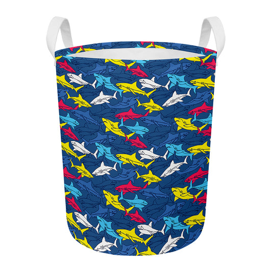 Doodle Shark Pattern Print Round Laundry Basket