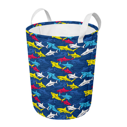 Doodle Shark Pattern Print Round Laundry Basket
